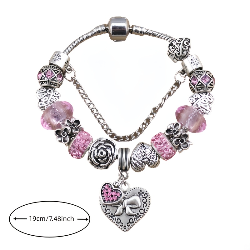 Pink Crystal Heart Pendant Bracelet Titanium Steel Chain